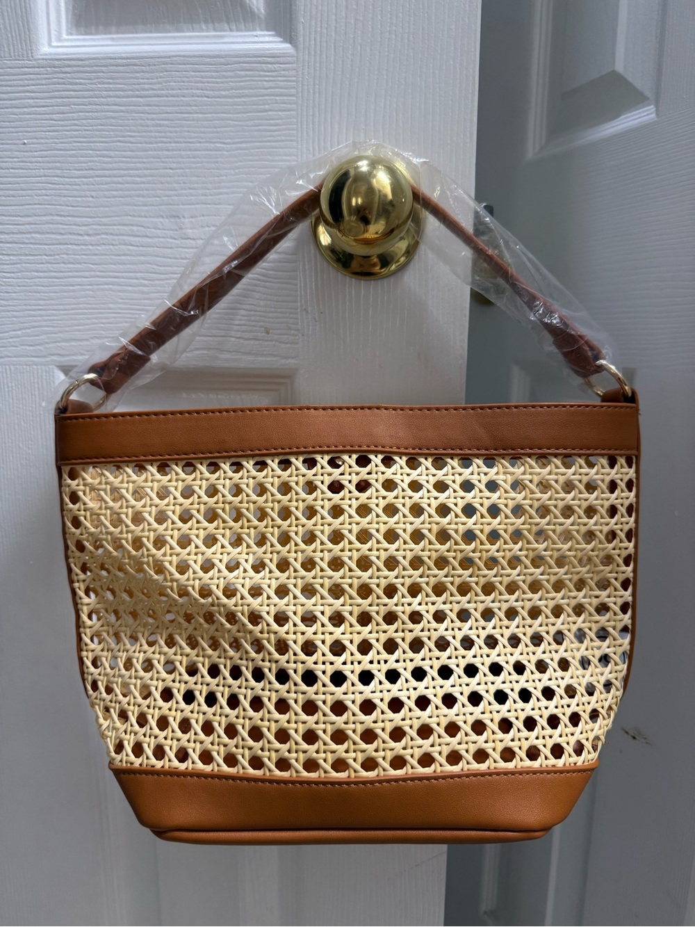 Pretty Simple Woven Rattan Tote Bag with Tan Trim
